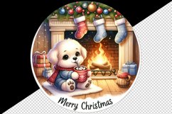 Watercolor cute dog puppy hot cocoa fireplace Merry Christmas quote print 20 oz tumbler skinny mug wrap clipart t-shirt sublimation printable design