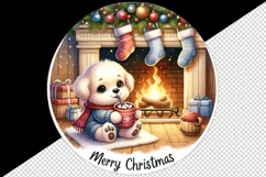 Watercolor cute dog puppy hot cocoa fireplace Merry Christmas quote print 20 oz tumbler skinny mug wrap clipart t-shirt sublimation printable design