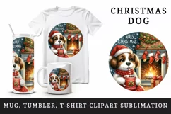 Watercolor cute dog puppy hot cocoa fireplace Merry Christmas quote print 20 oz tumbler skinny mug wrap clipart t-shirt sublimation printable design