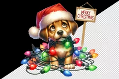 Watercolor cute dog puppy lights Merry Christmas greeting quote print 20 oz tumbler skinny mug wrap clipart t-shirt sublimation printable design