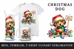 Watercolor cute dog puppy lights Merry Christmas greeting quote print 20 oz tumbler skinny mug wrap clipart t-shirt sublimation printable design
