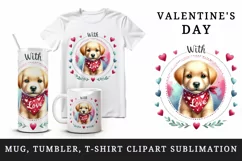 Watercolor cute dog puppy red heart Happy Valentine Day greeting quote print 20oz tumbler skinny mug wrap clipart t-shirt sublimation printable design