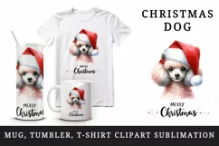 Watercolor cute dog puppy Santa hat Merry Christmas greeting quote print 20 oz tumbler skinny mug wrap clipart t-shirt sublimation printable design
