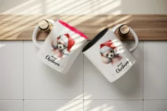Watercolor cute dog puppy Santa hat Merry Christmas greeting quote print 20 oz tumbler skinny mug wrap clipart t-shirt sublimation printable design