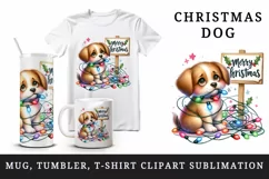 Watercolor cute dog puppy tangled lights Merry Christmas greeting quote print tumbler skinny mug wrap clipart t-shirt sublimation printable design