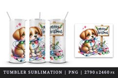 Watercolor cute dog puppy tangled lights Merry Christmas greeting quote print tumbler skinny mug wrap clipart t-shirt sublimation printable design