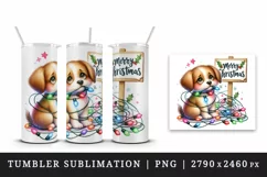 Watercolor cute dog puppy tangled lights Merry Christmas greeting quote print tumbler skinny mug wrap clipart t-shirt sublimation printable design