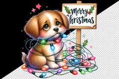 Watercolor cute dog puppy tangled lights Merry Christmas greeting quote print tumbler skinny mug wrap clipart t-shirt sublimation printable design