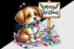 Watercolor cute dog puppy tangled lights Merry Christmas greeting quote print tumbler skinny mug wrap clipart t-shirt sublimation printable design
