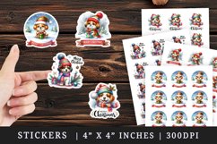 Watercolor cute dog puppy with gift box hat scarf Merry Christmas quote New Year winter print sticker sheet stickers printable sublimation design png