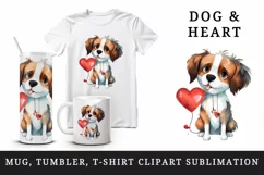 Watercolor cute dog with heart animal love Valentines Day print 20 oz tumbler skinny mug wrap clipart t-shirt sublimation printable design