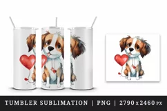 Watercolor cute dog with heart animal love Valentines Day print 20 oz tumbler skinny mug wrap clipart t-shirt sublimation printable design