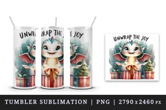 Watercolor cute dragon gift box present Unwrap the Joy Christmas quote print 20oz tumbler skinny mug wrap clipart t-shirt sublimation printable design