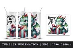 Watercolor cute dragon gift box present Unwrap the Joy Christmas quote print 20oz tumbler skinny mug wrap clipart t-shirt sublimation printable design