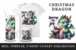 Watercolor cute dragon gift box present Unwrap the Joy Christmas quote print 20oz tumbler skinny mug wrap clipart t-shirt sublimation printable design