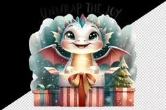 Watercolor cute dragon gift box present Unwrap the Joy Christmas quote print 20oz tumbler skinny mug wrap clipart t-shirt sublimation printable design