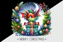 Watercolor cute dragon gift box wreath baubles Merry Christmas quote print 20 oz tumbler skinny mug wrap clipart t-shirt sublimation printable design