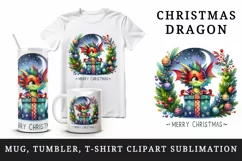 Watercolor cute dragon gift box wreath baubles Merry Christmas quote print 20 oz tumbler skinny mug wrap clipart t-shirt sublimation printable design