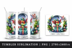 Watercolor cute dragon gift box wreath baubles Merry Christmas quote print 20 oz tumbler skinny mug wrap clipart t-shirt sublimation printable design