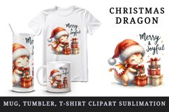 Watercolor cute dragon gift Santa hat Merry Joyful Christmas quote print 20 oz tumbler skinny mug wrap clipart t-shirt sublimation printable design