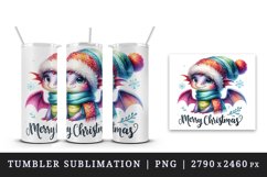 Watercolor cute dragon hat scarf Merry Christmas greeting quote print 20 oz tumbler skinny mug wrap clipart t-shirt sublimation printable design