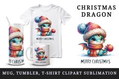 Watercolor cute dragon hat scarf Merry Christmas greeting quote print 20 oz tumbler skinny mug wrap clipart t-shirt sublimation printable design