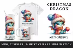 Watercolor cute dragon hat scarf Merry Christmas greeting quote print 20 oz tumbler skinny mug wrap clipart t-shirt sublimation printable design