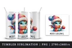 Watercolor cute dragon hat scarf Merry Christmas greeting quote print 20 oz tumbler skinny mug wrap clipart t-shirt sublimation printable design