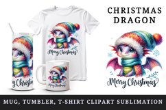 Watercolor cute dragon hat scarf Merry Christmas greeting quote print 20 oz tumbler skinny mug wrap clipart t-shirt sublimation printable design