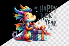 Watercolor cute dragon present gift box Happy New Year greeting quote print 20 oz tumbler skinny mug wrap clipart t-shirt sublimation printable design