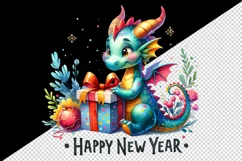Watercolor cute dragon present gift box Happy New Year greeting quote print 20 oz tumbler skinny mug wrap clipart t-shirt sublimation printable design