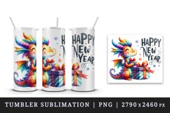 Watercolor cute dragon present gift box Happy New Year greeting quote print 20 oz tumbler skinny mug wrap clipart t-shirt sublimation printable design