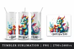 Watercolor cute dragon present gift box Happy New Year greeting quote print 20 oz tumbler skinny mug wrap clipart t-shirt sublimation printable design