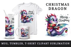 Watercolor cute dragon scarf snowflakes Merry Christmas greeting quote print 20oz tumbler skinny mug wrap clipart t-shirt sublimation printable design