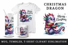 Watercolor cute dragon scarf snowflakes Merry Christmas greeting quote print 20oz tumbler skinny mug wrap clipart t-shirt sublimation printable design