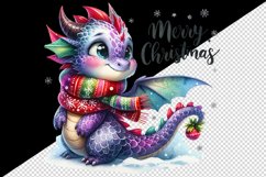 Watercolor cute dragon scarf snowflakes Merry Christmas greeting quote print 20oz tumbler skinny mug wrap clipart t-shirt sublimation printable design
