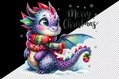 Watercolor cute dragon scarf snowflakes Merry Christmas greeting quote print 20oz tumbler skinny mug wrap clipart t-shirt sublimation printable design