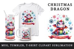 Watercolor cute dragon scarf snowflakes Merry Christmas greeting quote print 20oz tumbler skinny mug wrap clipart t-shirt sublimation printable design