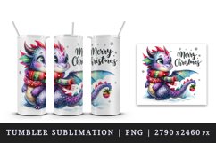 Watercolor cute dragon scarf snowflakes Merry Christmas greeting quote print 20oz tumbler skinny mug wrap clipart t-shirt sublimation printable design
