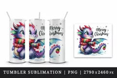 Watercolor cute dragon scarf snowflakes Merry Christmas greeting quote print 20oz tumbler skinny mug wrap clipart t-shirt sublimation printable design