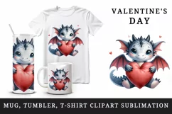 Watercolor cute dragon wings hugging heart pillow love Valentine Day print 20 oz tumbler skinny mug wrap clipart t-shirt sublimation printable design