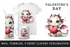 Watercolor cute dragon wings hugging heart pillow love Valentine Day print 20 oz tumbler skinny mug wrap clipart t-shirt sublimation printable design