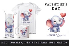Watercolor cute elephant heart on trunk With Love quote Valentine Day print 20 oz tumbler skinny mug wrap clipart t-shirt sublimation printable design