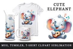 Watercolor cute elephant playing guitar musical instrument print 20 oz tumbler skinny mug wrap clipart t-shirt sublimation printable design