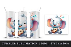 Watercolor cute elephant playing guitar musical instrument print 20 oz tumbler skinny mug wrap clipart t-shirt sublimation printable design