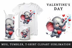 Watercolor cute elephant water droplets hearts Love Valentine Day print 20 oz tumbler skinny mug wrap clipart t-shirt sublimation printable design