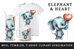 Watercolor cute elephant with heart animal love Valentines Day print 20 oz tumbler skinny mug wrap clipart t-shirt sublimation printable design