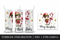 Watercolor cute elf candy cane stars Merry Christmas greeting quote print 20 oz tumbler skinny mug wrap clipart t-shirt sublimation printable design