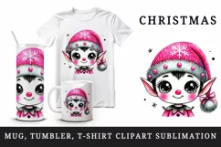 Watercolor cute elf pink Santa hat smile Christmas New Year winter print 20 oz tumbler skinny mug wrap clipart t-shirt sublimation printable design