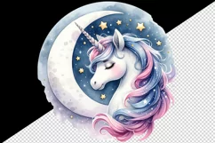 Watercolor cute endearing unicorn twinkling stars mane crescent moon print 20 oz tumbler skinny mug wrap clipart t-shirt sublimation printable design
